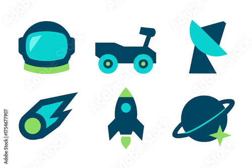 Space exploration and astronomy objects featuring helmet, rocket, planet, and rover