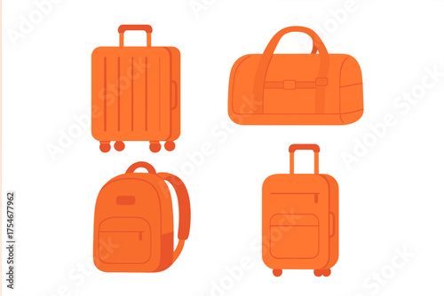 Set of orange travel luggage including rolling suitcases, duffel bag, and backpack