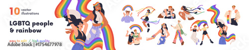 LGBTQ people set. Happy gays and lesbians, homosexual couples celebrating love, pride month. LGBT characters with rainbow flags and symbols. Flat vector illustration isolated on white background.