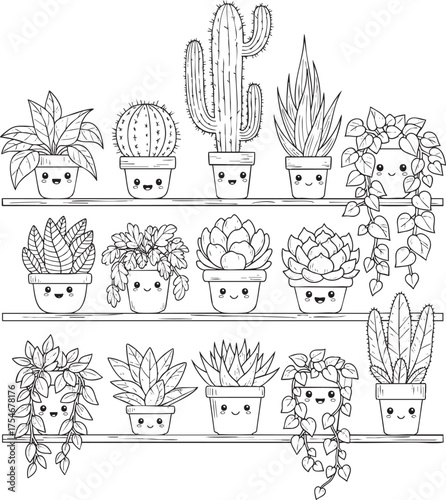 Adorable collection of kawaii potted plants succulents and cacti with cute faces on shelves.
