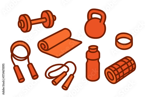 Isometric set of workout gear featuring dumbbell kettlebell yoga mat jump rope and water bottle