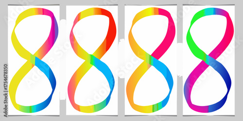 Four abstract infinity symbols with vibrant rainbow gradient colors on white backgrounds