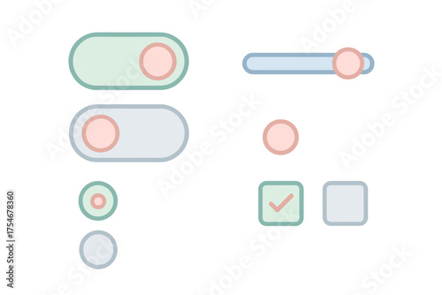Set of modern UI components featuring toggle switches, slider control, radio buttons, and square checkboxes