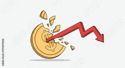 Falling coin with a red arrow breaking through illustration for financial crisis and economic recession isolated on white background