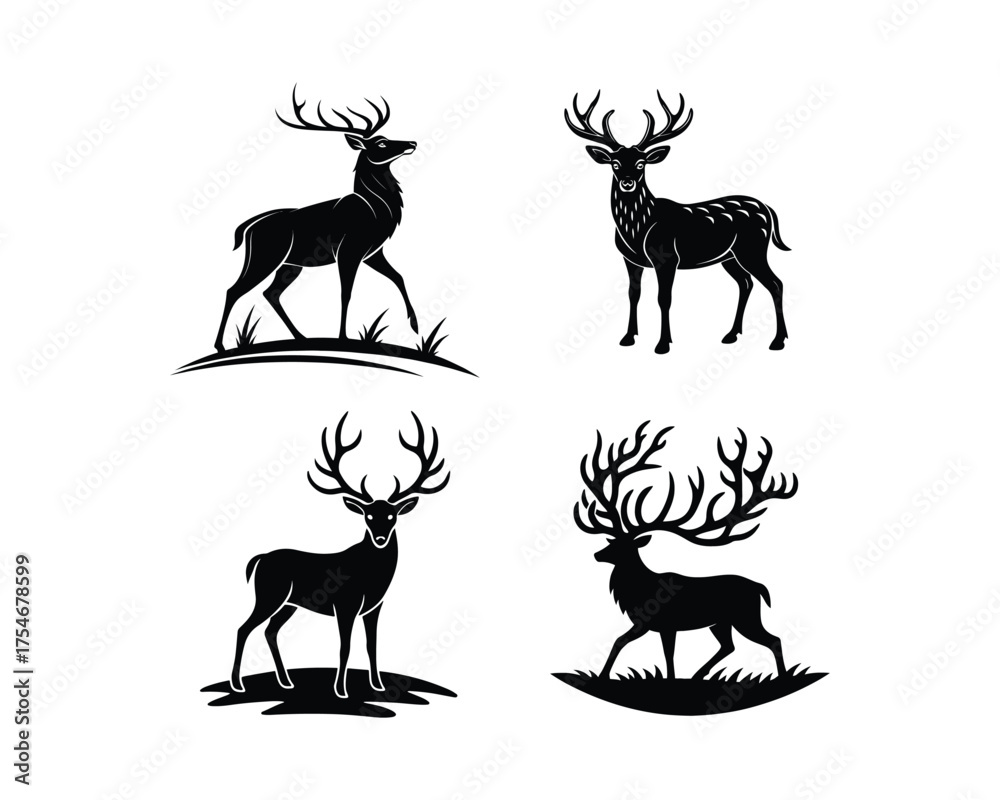 Naklejka premium deer logo set, deer vector silhouette, deer silhouette, deer vector, silhouette, deer set, animal silhouette, vector, deer antler silhouette, forest animal logo