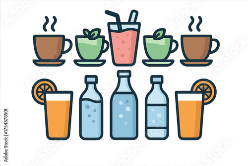 Collection of beverage icons including steaming coffee, herbal tea, fresh juice, bottled water, and fruit smoothie