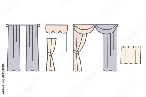 Assortment of classic and modern window curtains, drapes, and decorative valances for interior design