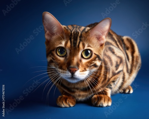 Close-up Portrait of a Majestic Bengal Cat with Striking Markings on a Deep Blue Background