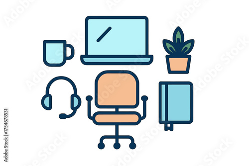 Modern home office setup featuring laptop, ergonomic chair, headset, and coffee cup