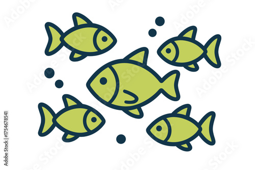 Stylized school of bright green fish swimming together in a group with dark blue bubbles
