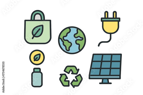 Colorful ecology icons set: Planet Earth, solar power, recycling, sustainable living symbols