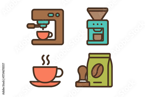Espresso maker, grinder, packaged beans, and hot cup symbols for coffee shop menu