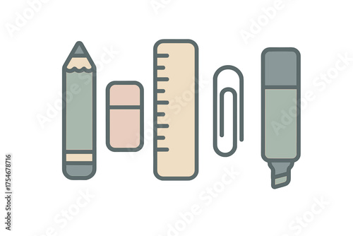 Collection of essential school and office supplies including pencil eraser ruler and marker