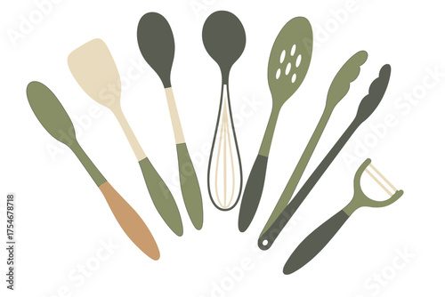 Collection of essential kitchen cooking implements including spatulas spoons whisk tongs and peeler