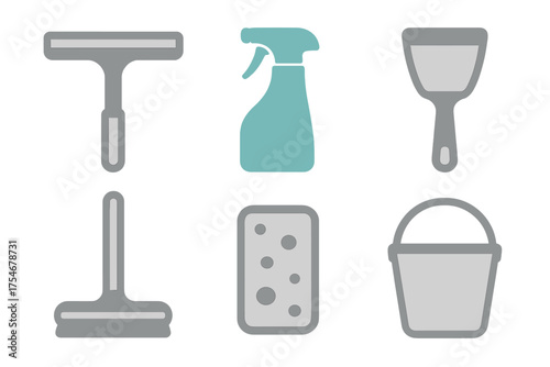 Essential household cleaning tools set featuring squeegee spray bottle sponge and bucket symbols
