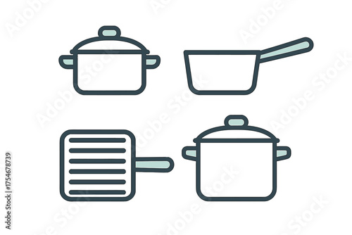 Outline set of cooking pots, saucepans, frying pan, and a square grill pan