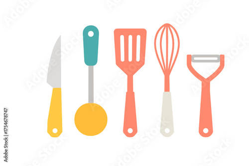 Colorful set of modern kitchen tools for cooking and food preparation