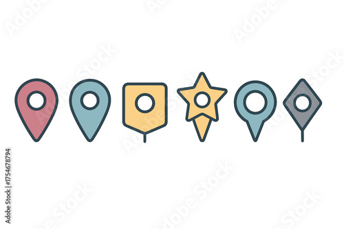Set of colorful map location pins and navigation markers for GPS applications