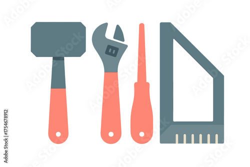 Essential construction and repair hand tools set featuring a hammer, adjustable wrench, screwdriver, and square ruler