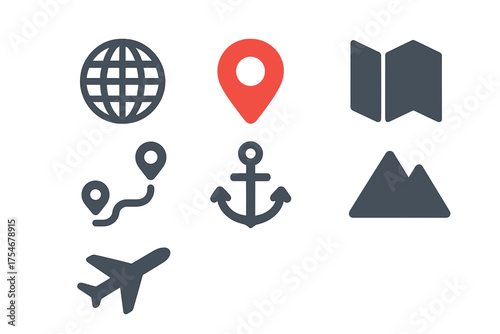 Essential set of travel and navigation icons featuring location pin globe map route and transport symbols