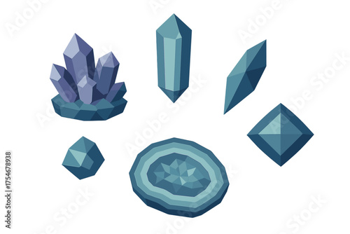 Geometric mineral stones and crystal formations set in cool blue and teal colors