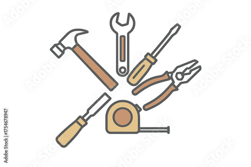 Essential construction and repair hand tools set including hammer, wrench, and screwdriver