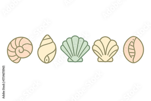 Collection of various ocean shells in spiral and scallop shapes with muted pastel colors