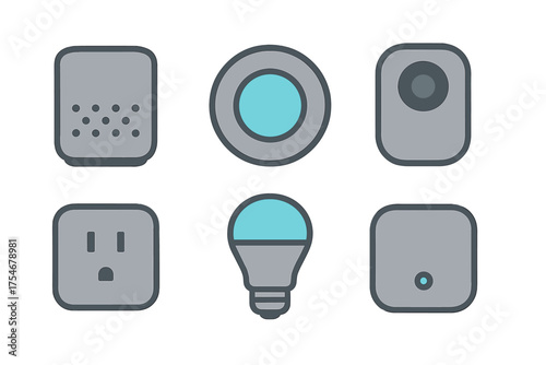 Set of smart home technology icons featuring speaker, camera, light bulb, and electrical outlet