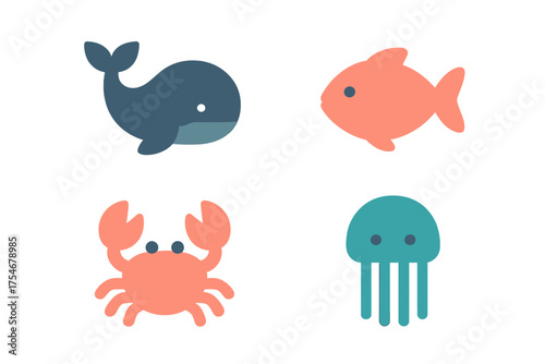 Simple flat design collection of cute marine animals whale fish crab and jellyfish