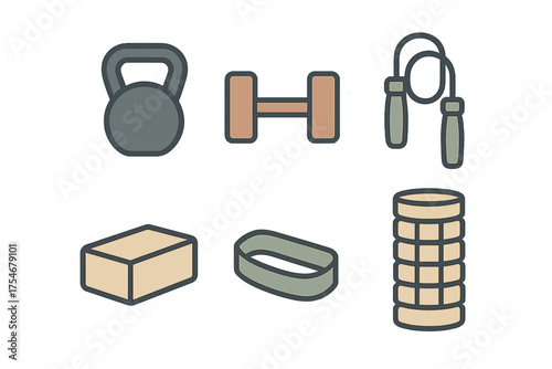 Essential fitness equipment set featuring kettlebell dumbbell jump rope yoga block resistance band and foam roller