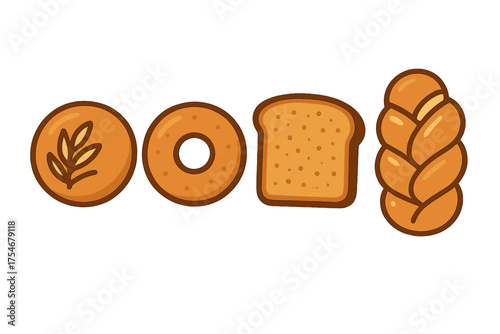 Four stylized icons of various baked goods including toast and braided bread