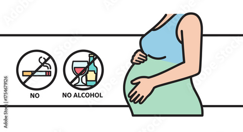 This vector illustration depicts a pregnant woman receiving important health advice to avoid smoking and alcohol for a healthy pregnancy.