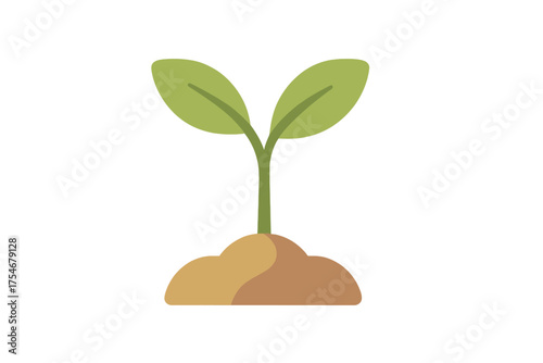 Simple green seedling sprout growing out of brown soil mound on a clean white background