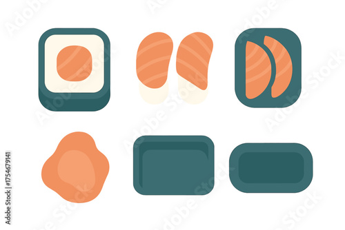 Stylized collection of sushi pieces and abstract shapes for food design