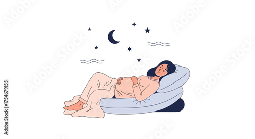 A serene expectant mother finds ultimate comfort and peaceful slumber during her nighttime rest, embracing the tranquility of her pregnancy journey.