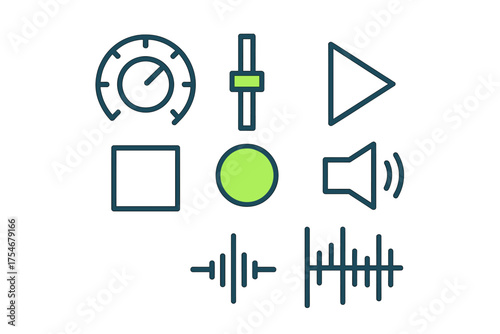 Audio and media player control icons set featuring volume equalizer play stop record buttons