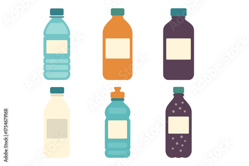 Assortment of various colorful plastic and reusable beverage bottles with blank labels