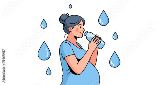 A serene pregnant woman hydrates her body by drinking fresh water from a bottle, emphasizing healthy choices and prenatal wellness for expectant mothers.
