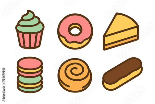 Sweet baked goods and pastry featuring donut, cupcake, eclair, and cake slice