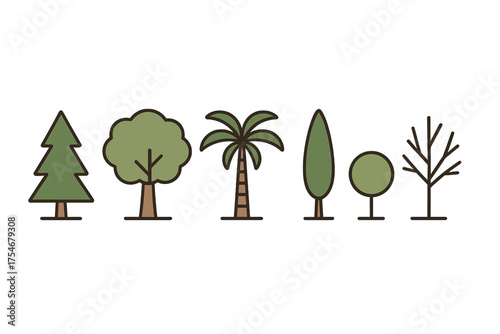 Stylized graphic elements depicting various common tree shapes including evergreen and palm