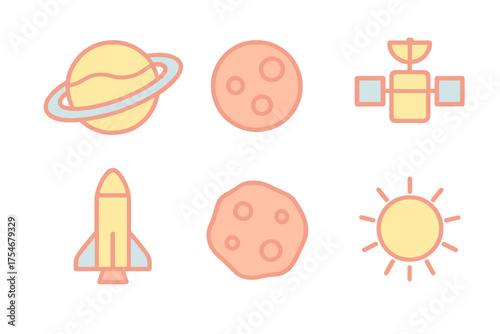 Colorful space objects and spacecraft icons: Saturn, planet, satellite, rocket, asteroid, sun