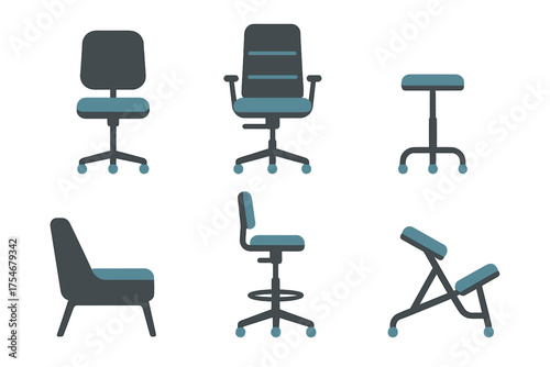 Collection of various modern office chairs, stools, and ergonomic seating furniture