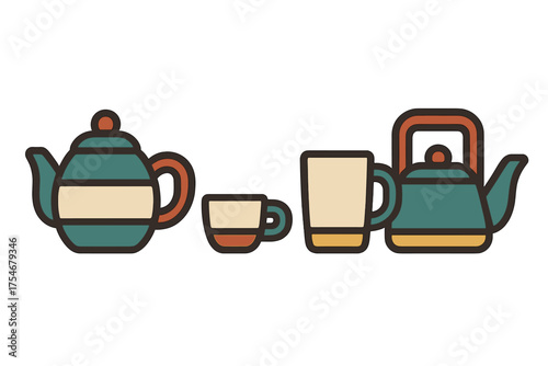Stylized kitchenware set including two teapots, a kettle, and two drinking cups