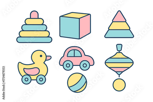Pastel colored baby toys set including stacking rings block car and spinning top