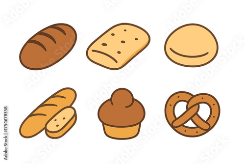 Collection of simple stylized icons depicting assorted bakery products like bread, pastries, and muffins