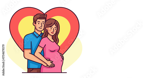 A tender illustration shows a loving couple embracing with a heart symbol, joyfully anticipating their new baby's arrival, symbolizing family, hope, and happiness.