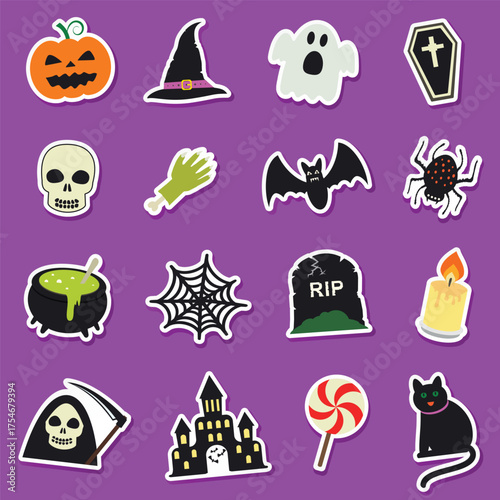 Halloween stickers set. Spooky cartoon elements. Halloween characters and attributes in flat style.