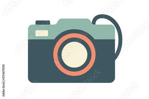Minimalist vintage photography camera design with large lens and pastel color palette