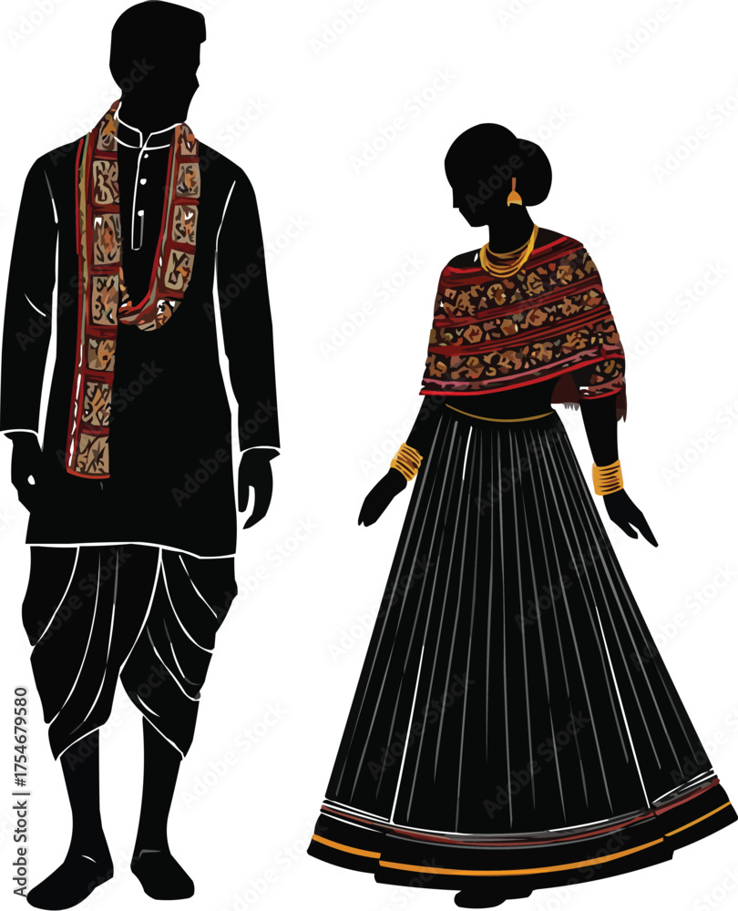 Obraz premium Indian Traditional Costume Silhouette and Vector Collection