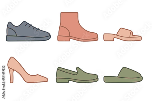 Diverse collection of footwear styles including casual sneakers, ankle boots, high heels, loafers, and slippers